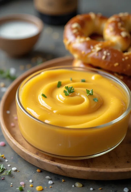 Olut-cheddar-juustokastike kulhossa, koristeltuna tuoreella persiljalla, nachosien vieressä.