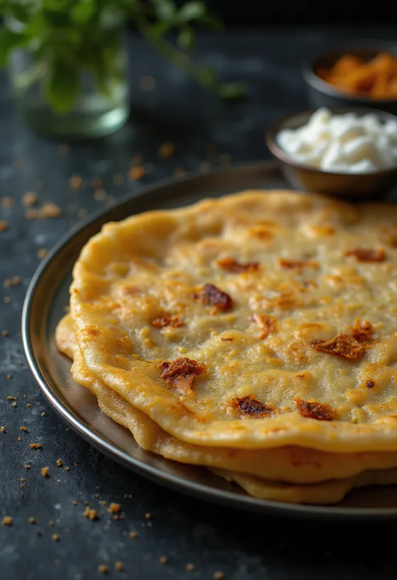 Adai dosa vastapaistettuna, rapeaksi paistettuna, mausteisella täytteellä