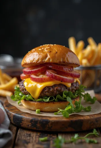 Biisoniburgeri sulatetulla juustolla ja tuoreilla vihanneksilla