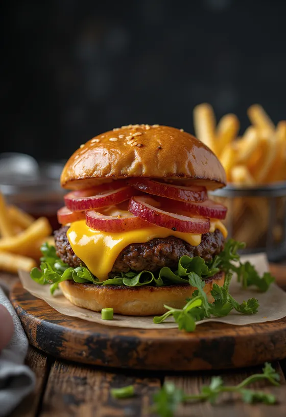 Biisoniburgeri sulatetulla juustolla ja tuoreilla vihanneksilla