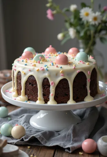 Suklaapilkullinen kakku kakkulautasella