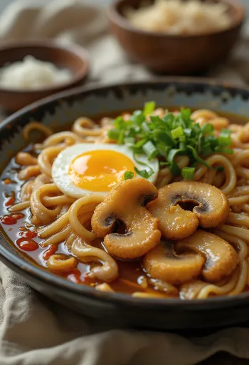 Ramen-kulho paistetuilla sienillä, nuudeleilla ja täytteillä