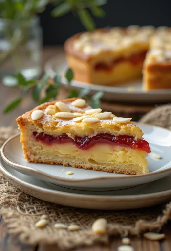 Bakewell tart mustikkahillolla, viipaleiksi leikattuna, mantelilla ripoteltuna