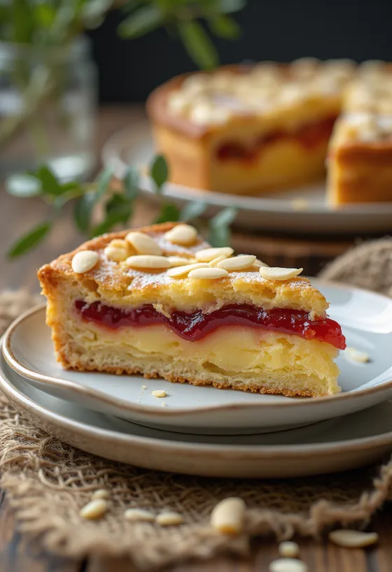 Bakewell tart mustikkahillolla, viipaleiksi leikattuna, mantelilla ripoteltuna