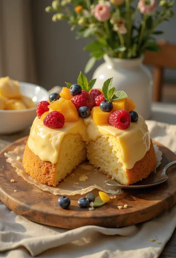 Tuore hedelmätorttu värikkäillä hedelmillä ja kiiltävällä hyytelökerroksella