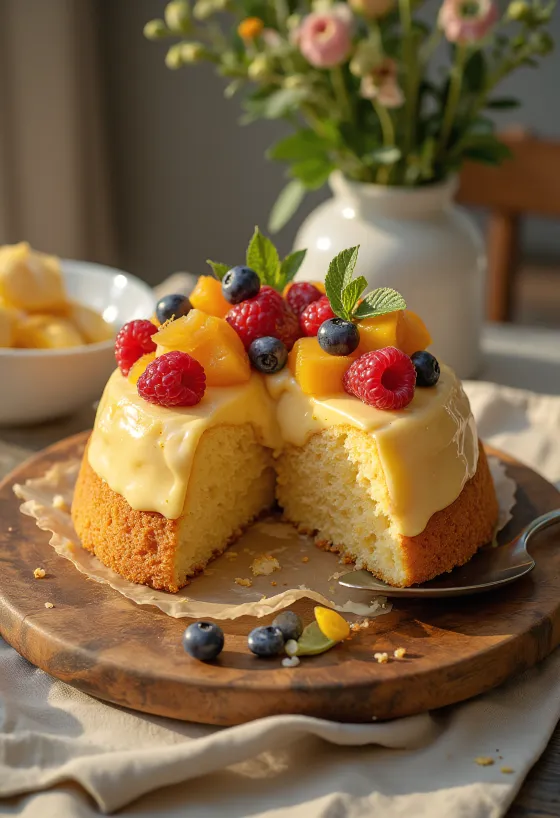 Tuore hedelmätorttu värikkäillä hedelmillä ja kiiltävällä hyytelökerroksella