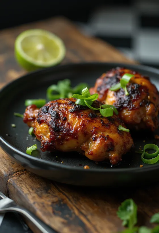 Mausteinen jerk-kana tarjoiltuna limen lohkojen kera