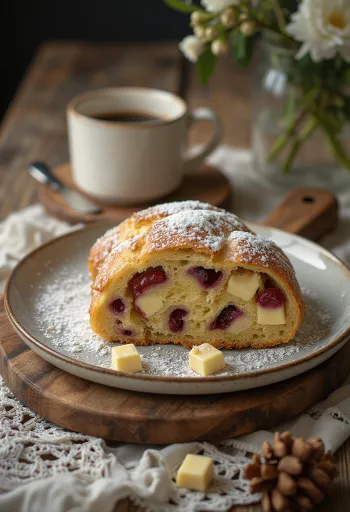 Kahvi-valkosuklaa Stollen viipaleet tarjoiltuna