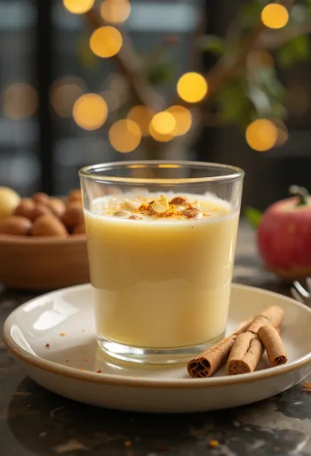Kesar Badam -maito, mantelilla ja sahramilla koristeltuna