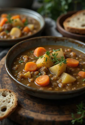 Linssikeittoa vihanneksilla tarjoiltuna, tuoreen leivän kera.