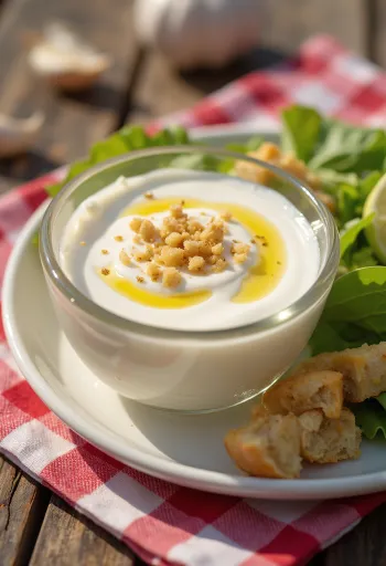 Hunaja-jogurtti-valkosipulikastike tarjoiltuna