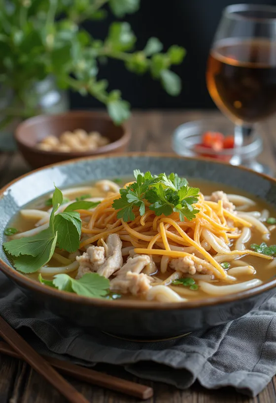 Pho Ga tarjoiltuna riisinuudeleilla, tuoreilla yrteillä ja limetin viipaleilla