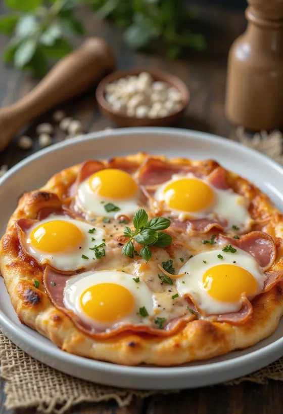Pizza Bismark kananmunalla ja kinkulla