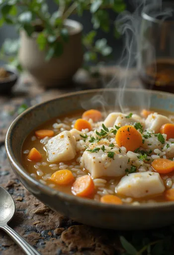 Psarosoupa riisin kera, tuore kalakeitto