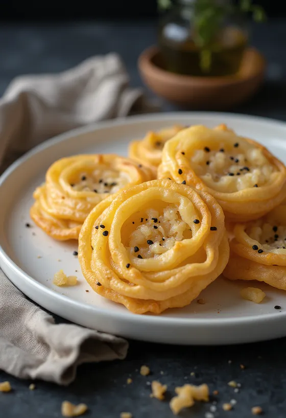 Vastapaistetut Achappam-kookoskeksit kullanruskeina, kulhossa aseteltuna.