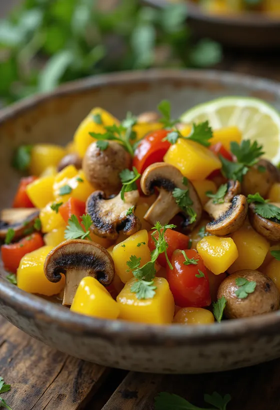 Ackee ja sienet, herkullinen ruoka tuoreella korianterilla ja limeviipaleilla tarjoiltuna
