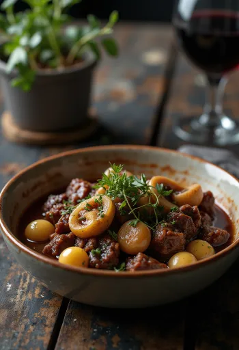 Boeuf Bourguignon tarjoiltuna perunamuusin kera