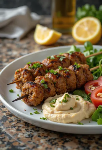 Kafta-lihavarras tarjoiltuna grillattujen vihannesten kera