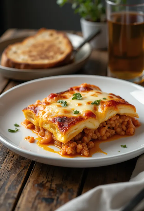 Parmigiana täysjyväleivällä tarjoiltuna, kauniina kerroksina