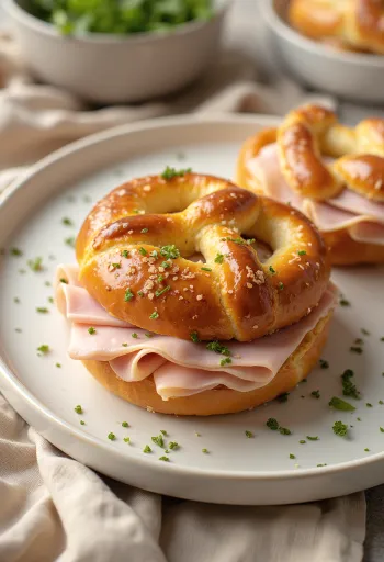 Halkaistu pretzel-rinkeli, jonka välissä on kalkkunaleikettä ja vihanneksia.