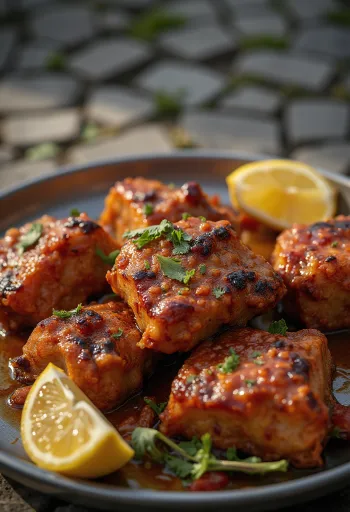 Tandoori goat tarjoiltuna naan-leivän ja tuoreen korianterin kera.