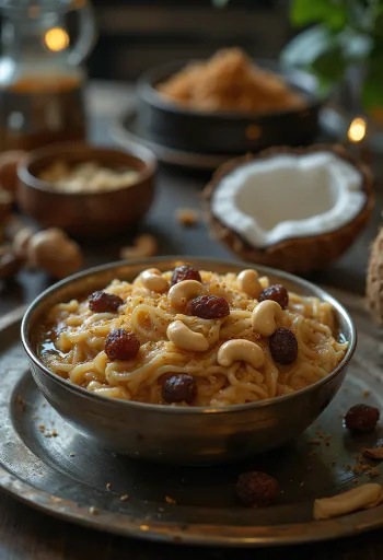 Ada Pradhaman, tarjoiltuna kookosmaidon ja ruusuveden kera