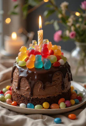 Karkkisuklaakakku värikkäällä koristelulla