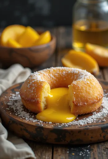 Malasada mangotäytteellä, tomusokerilla ja tuoreilla mintunlehdillä koristeltuna