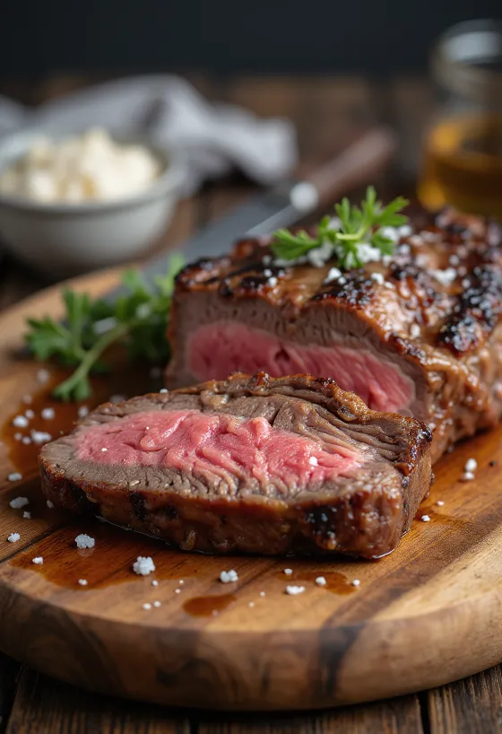 Picanha, grillattu brasilialainen naudanliha viipaleet paistetuilla perunoilla ja chimichurri-kastikkeella