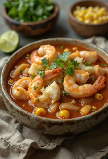 Pozole con mariscos tarjoiltuna limen, korianterin ja tuoreen kevätsipulin kera