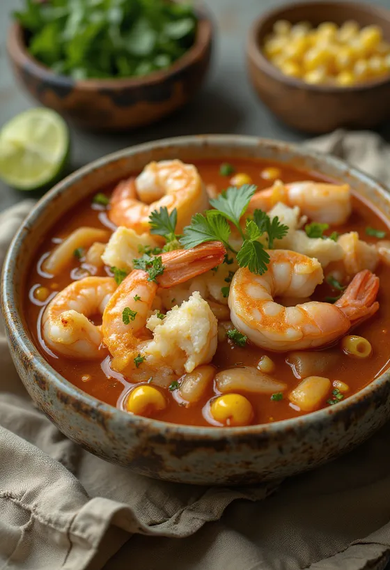 Pozole con mariscos tarjoiltuna limen, korianterin ja tuoreen kevätsipulin kera
