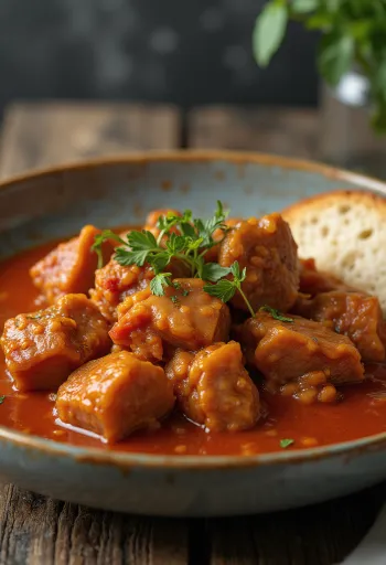 Porsaspörkölt tarjoiltuna perunoiden ja tuoreen persiljan kera