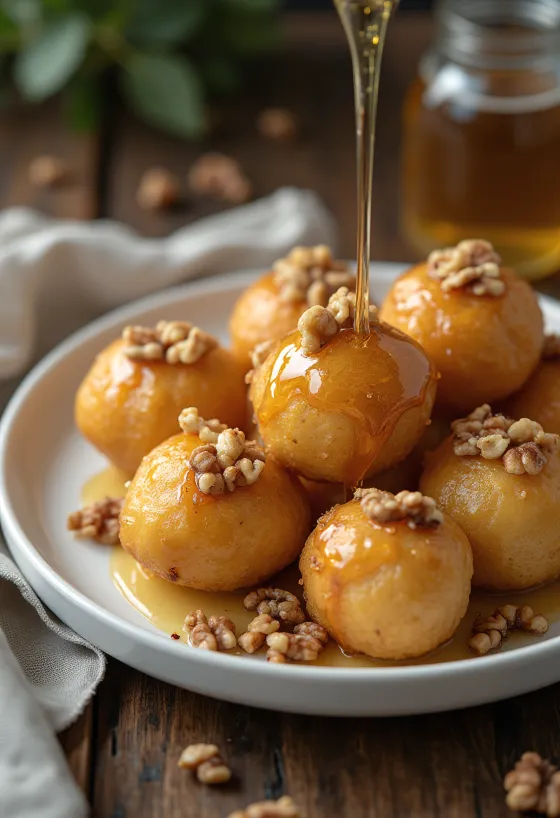 Zeppole hunajalla ja saksanpähkinöillä, kullanruskeita leivonnaisia hunajalla tarjoiltuna