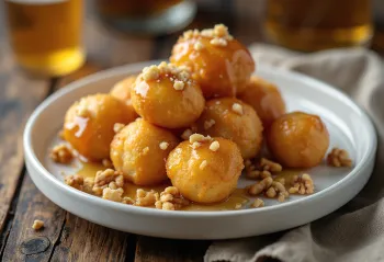 Zeppole hunajalla ja saksanpähkinöillä, kullanruskeita leivonnaisia hunajalla tarjoiltuna