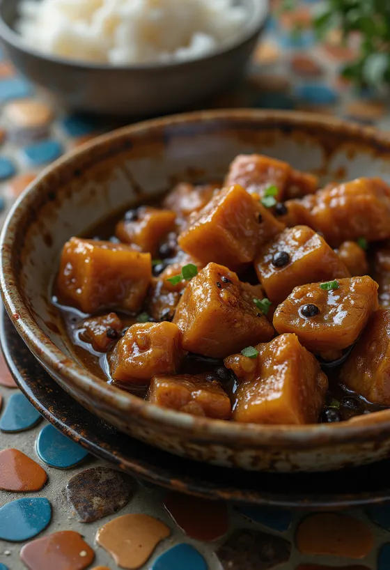 Porsasadobo, tarjoiltuna riisin ja tuoreen korianterin kera