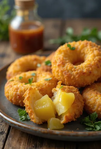 Ananaskorokke, kullanruskeat, rapeat palat tarjoiltuna