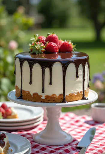 Korkea valumakakku (Drip cake) kakkulautasella