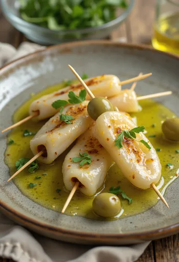 Gilda valkoisella sardellilla, tuoreella vihreällä paprikalla ja oliivilla tarjoiltuna