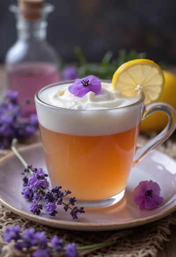 Laventelisiideri lasissa tarjoiltuna