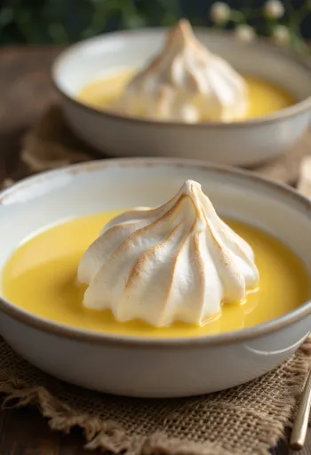 Lumimunat laseissa tarjoiltuna, vaniljakastikkeella ja valkuaisvaahdolla koristeltuna