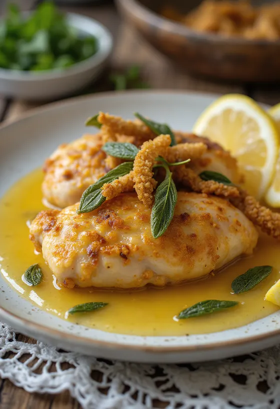 Salviakanaa, rapealla nahalla ja tuoreilla yrteillä tarjoiltuna