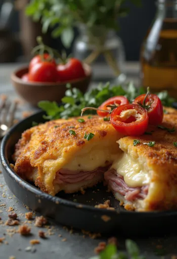 Cachopo tarjoiltuna ranskalaisten ja sitruunan kera