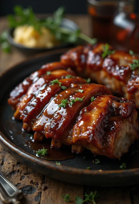 Savustettu BBQ-kylki bourbon-kastikkeella tarjoiltuna