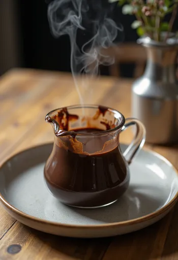 Mausteinen suklaakastike tarjoiltuna leivonnaisten kanssa