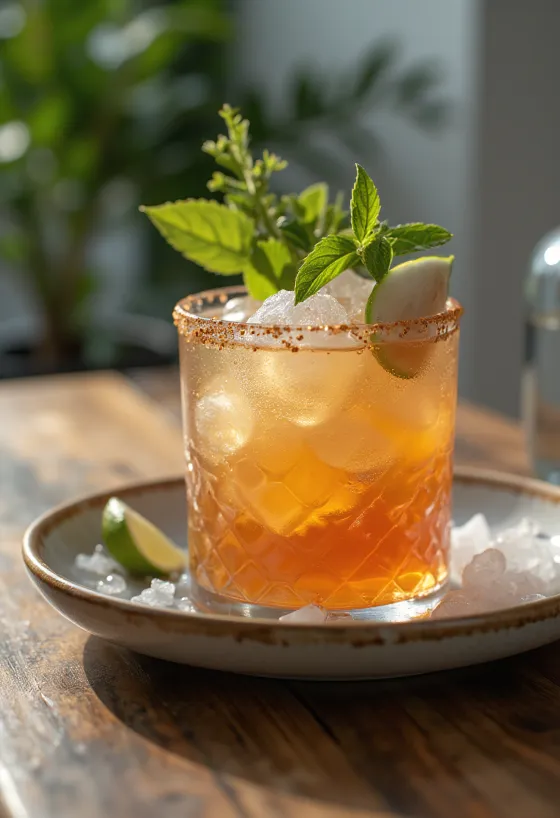 Mai Tai -cocktail mintunlehdellä ja limettiviipaleella koristeltuna