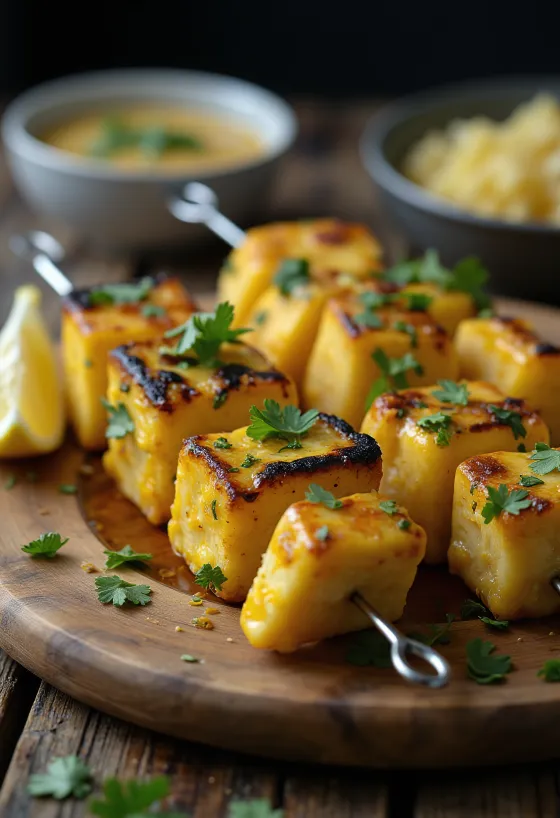 Achari paneer tikka, grillattuja paneer-paloja jogurttimarinadissa maustettuna, tuoreella korianterilla ja sitruunalla tarjoiltuna