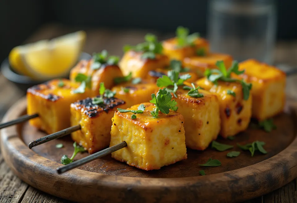 Achari paneer tikka, grillattuja paneer-paloja jogurttimarinadissa maustettuna, tuoreella korianterilla ja sitruunalla tarjoiltuna