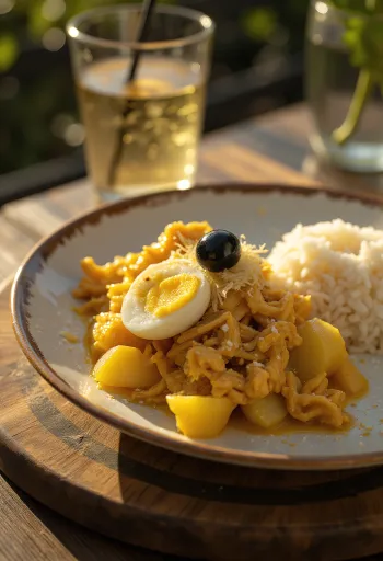 Ají de Gallina sipulilla tarjoiltuna, tuoreella kananmunalla ja mantelilastuilla