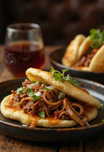 Arepa con Carne Mechada korealaisittain tarjoiltuna