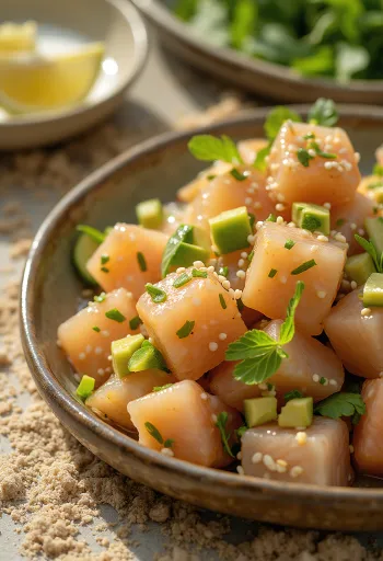 Nikkei Ceviche, tarjoiltuna limemehun, soijakastikkeen, avokadon ja korianterin kera